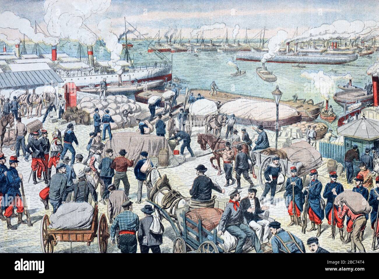 French Dockers Return to Work After Dock Strike Docks or Port Marseille France October 1904. Vintage Illustration or Engraving Stock Photo