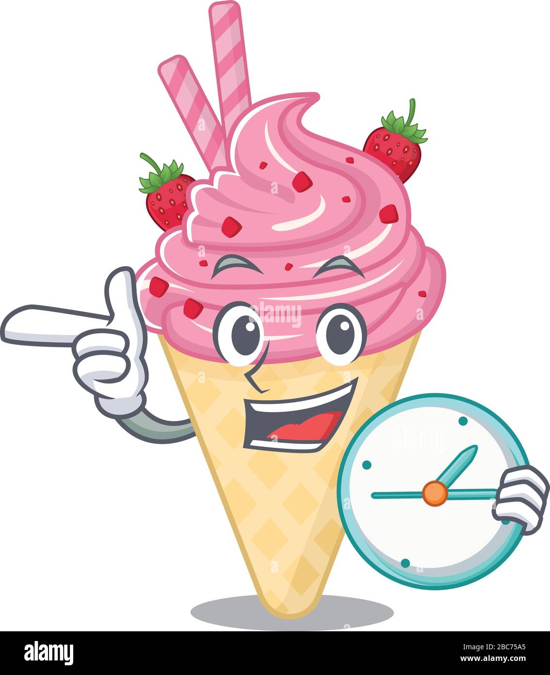 Strawberry ice cream mascot design concept smiling with clock Stock