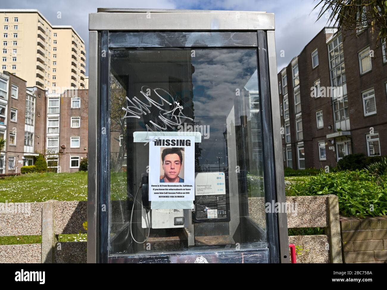 Brighton UK 3rd April 2020 - Posters asking for information on missing teenager Owen Harding around Brighton today . Owen Harding who is sixteen went missing from his family home in Saltdean near Brighton on Thursday 26 March . Credit: Simon Dack / Alamy Live News Stock Photo
