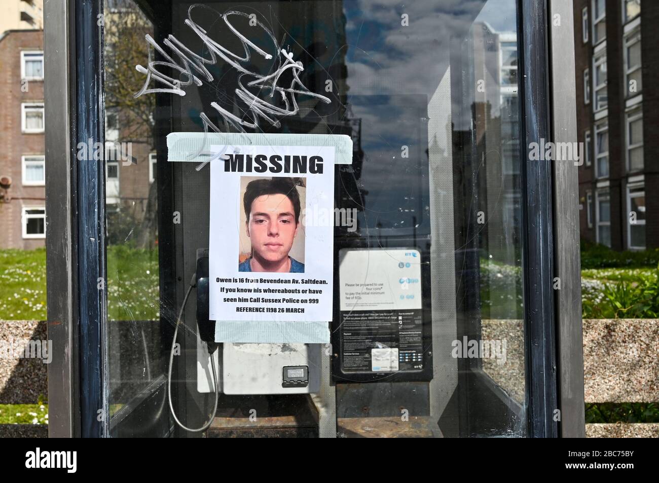 Brighton UK 3rd April 2020 - Posters asking for information on missing teenager Owen Harding around Brighton today . Owen Harding who is sixteen went missing from his family home in Saltdean near Brighton on Thursday 26 March . Credit: Simon Dack / Alamy Live News Stock Photo