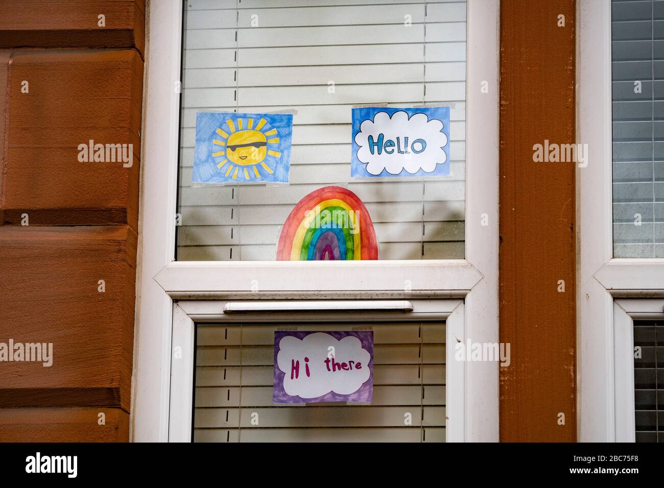 Glasgow, Scotland, UK. 3 April, 2020. Images from the southside of Glasgow at the end of the second week of Coronavirus lockdown. Pictured; hand drawn rainbows and messages in windows of flats in Govanhill and Shawlands. Iain Masterton/Alamy Live News Stock Photo