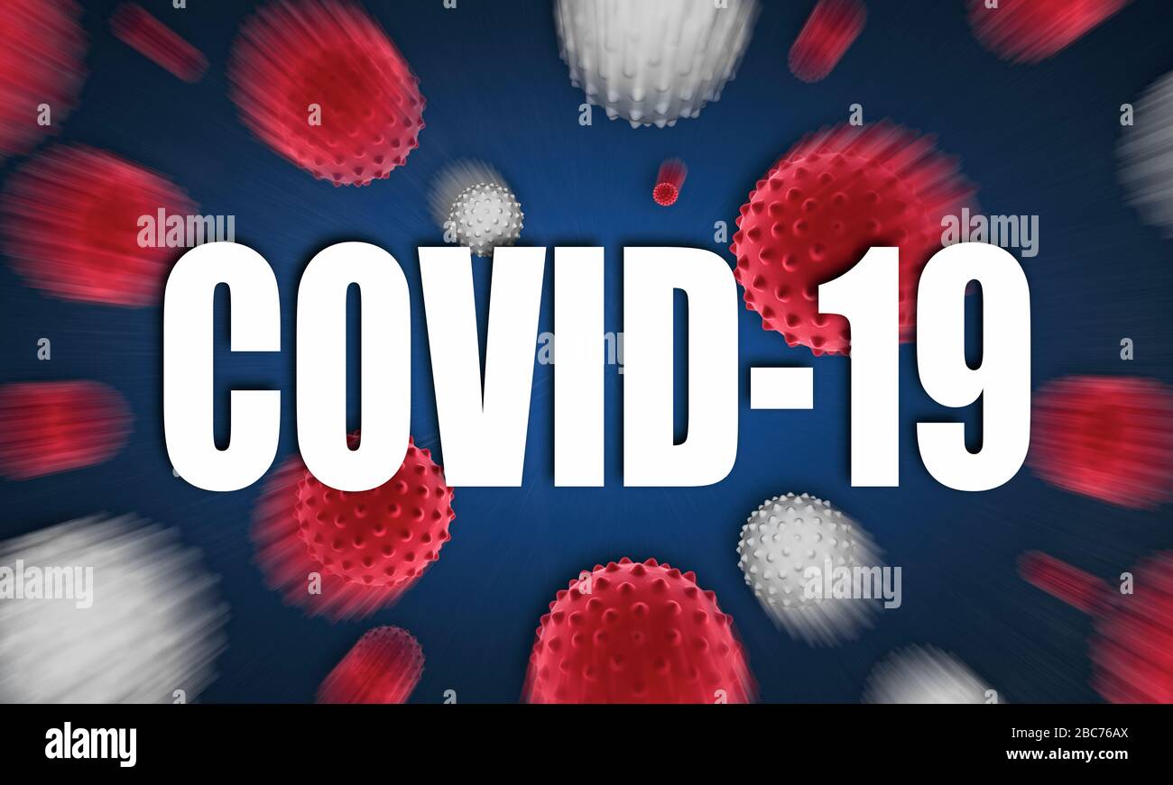 The inscription COVID-19 on the background of viruses. Coronavirus pandemic. Stock Photo