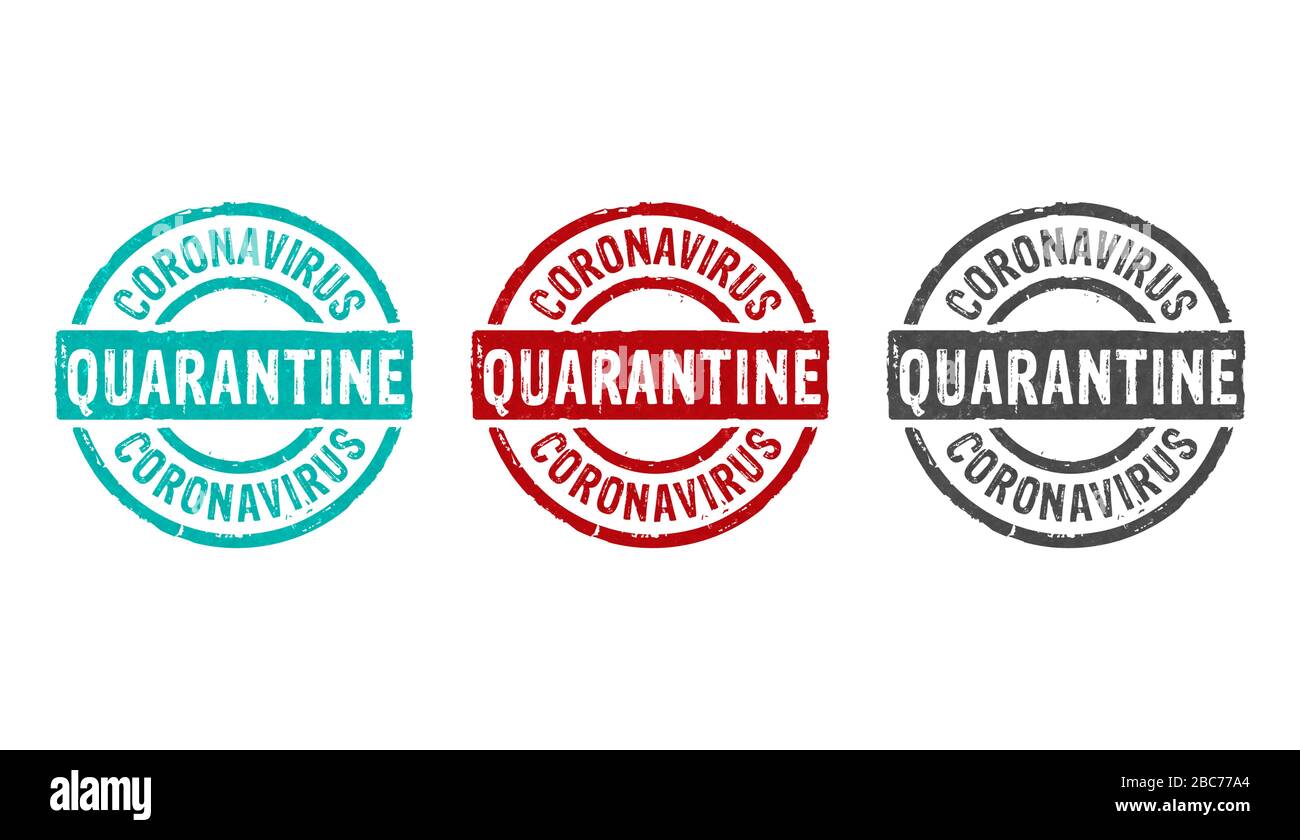 Quarantine stamp icons in few color versions. Covid-19 virus protection, coronavirus isolation and health safety concept 3D rendering illustration. Stock Photo