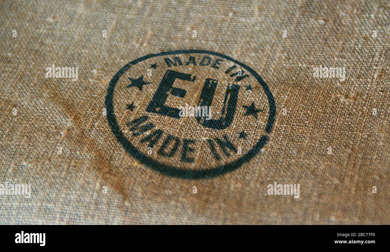 Made in EU, Europe, European Union stamp printed on linen sack. Factory, manufacturing and production country concept. Stock Photo
