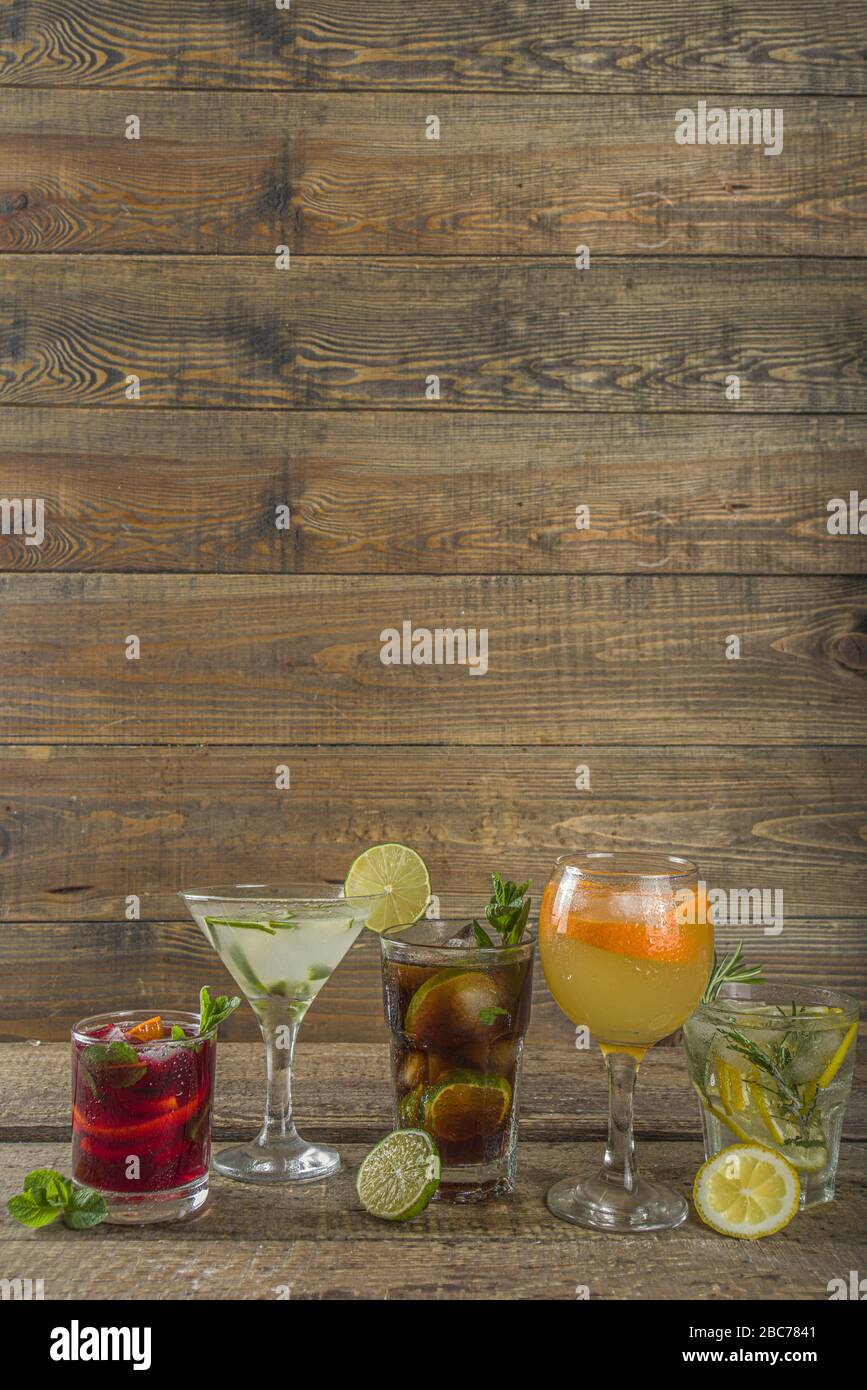 Selection of summer alcohol drinks mocktails and cocktails. Aperol