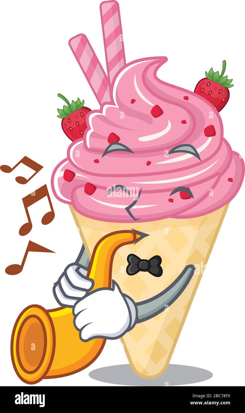 Talented musician of strawberry ice cream cartoon design playing a trumpet Stock Vector