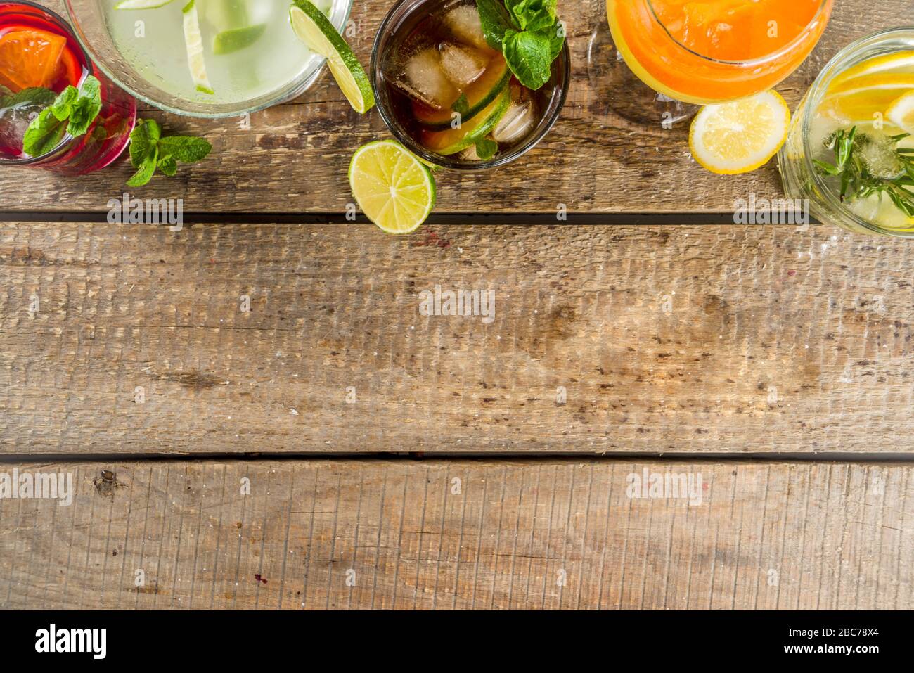 Selection of summer alcohol drinks mocktails and cocktails. Aperol