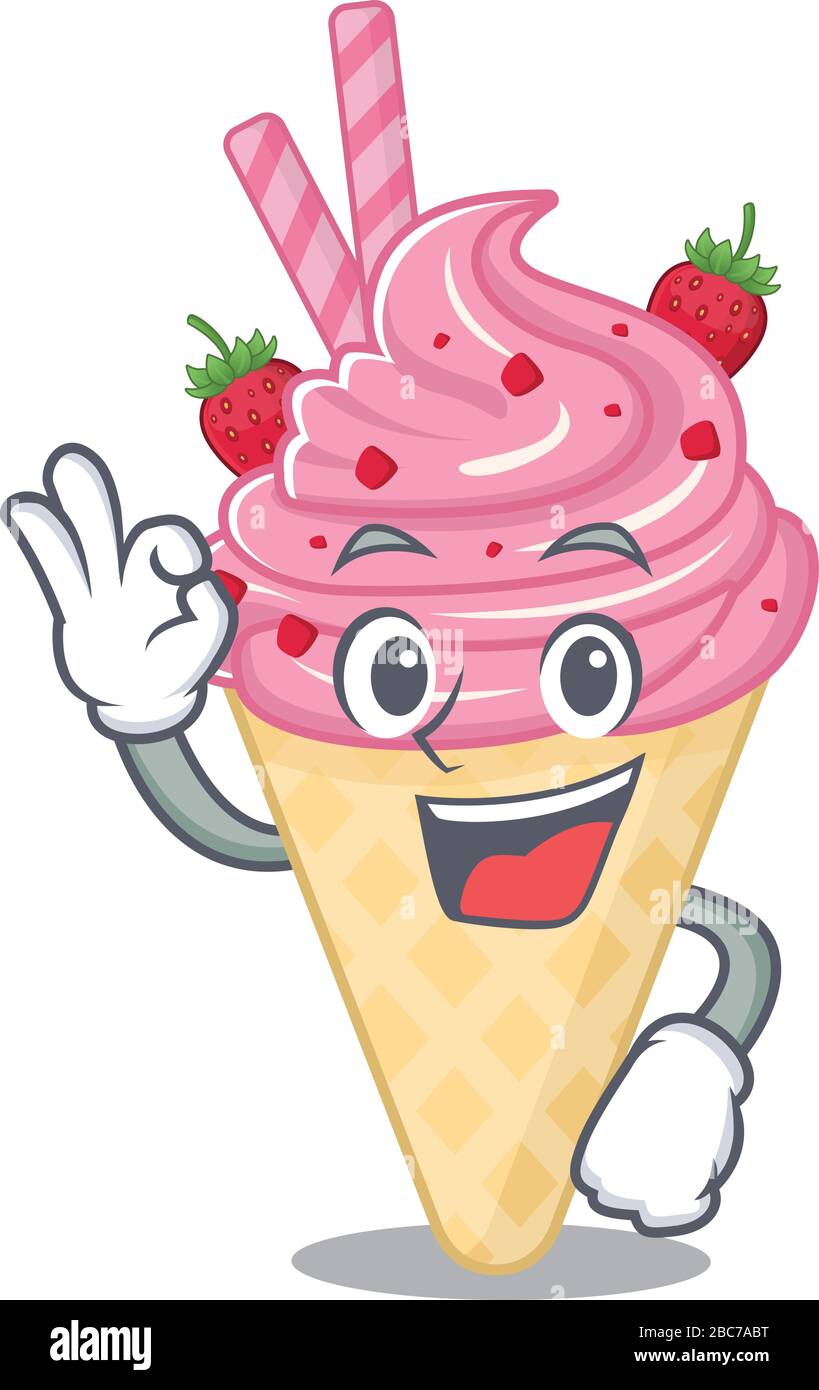 Strawberry ice cream mascot design style with an Okay gesture finger