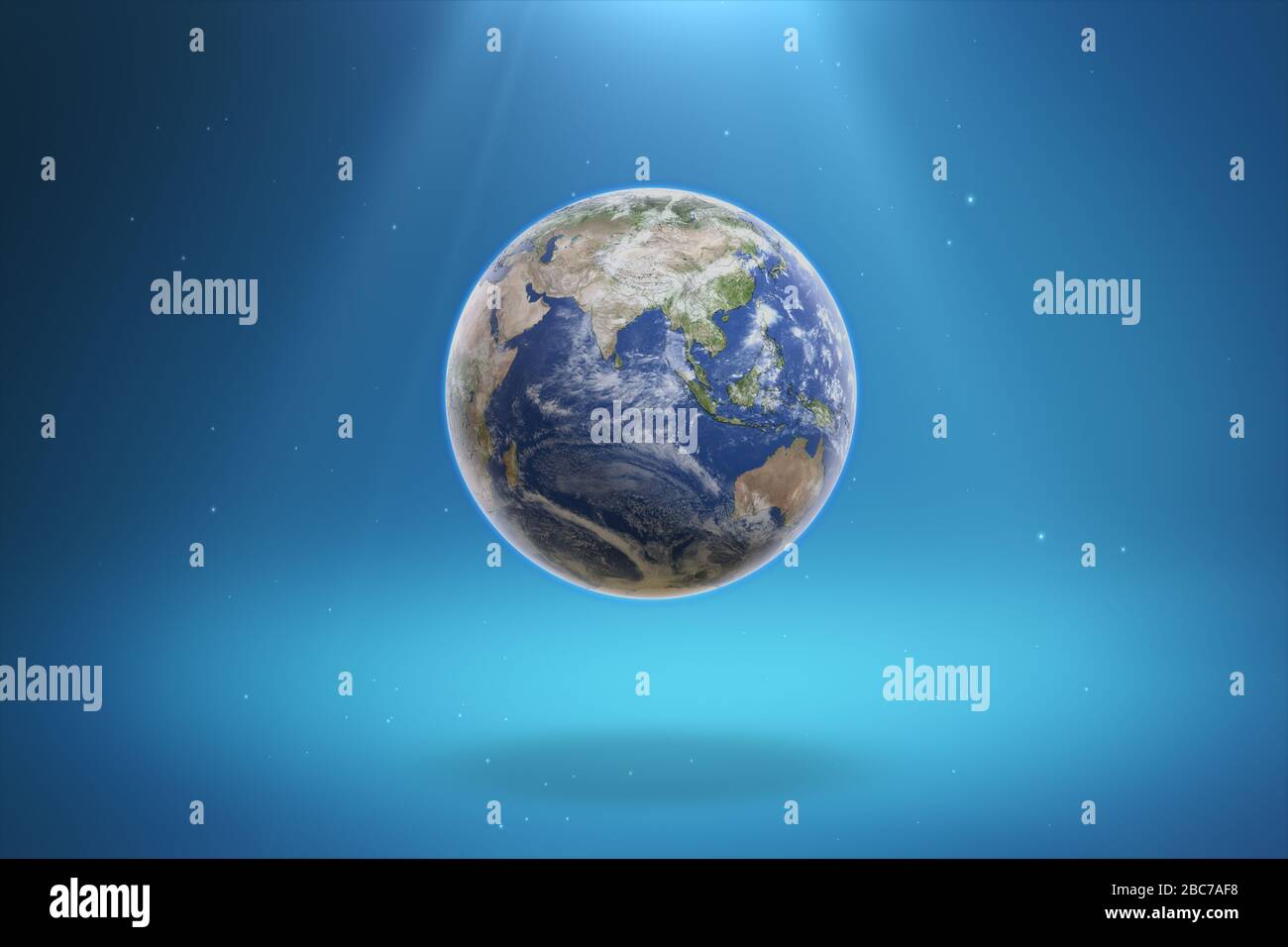 Earth Planet with Light Rays on Blue Gradient Background. 3D Illustration. Stock Photo