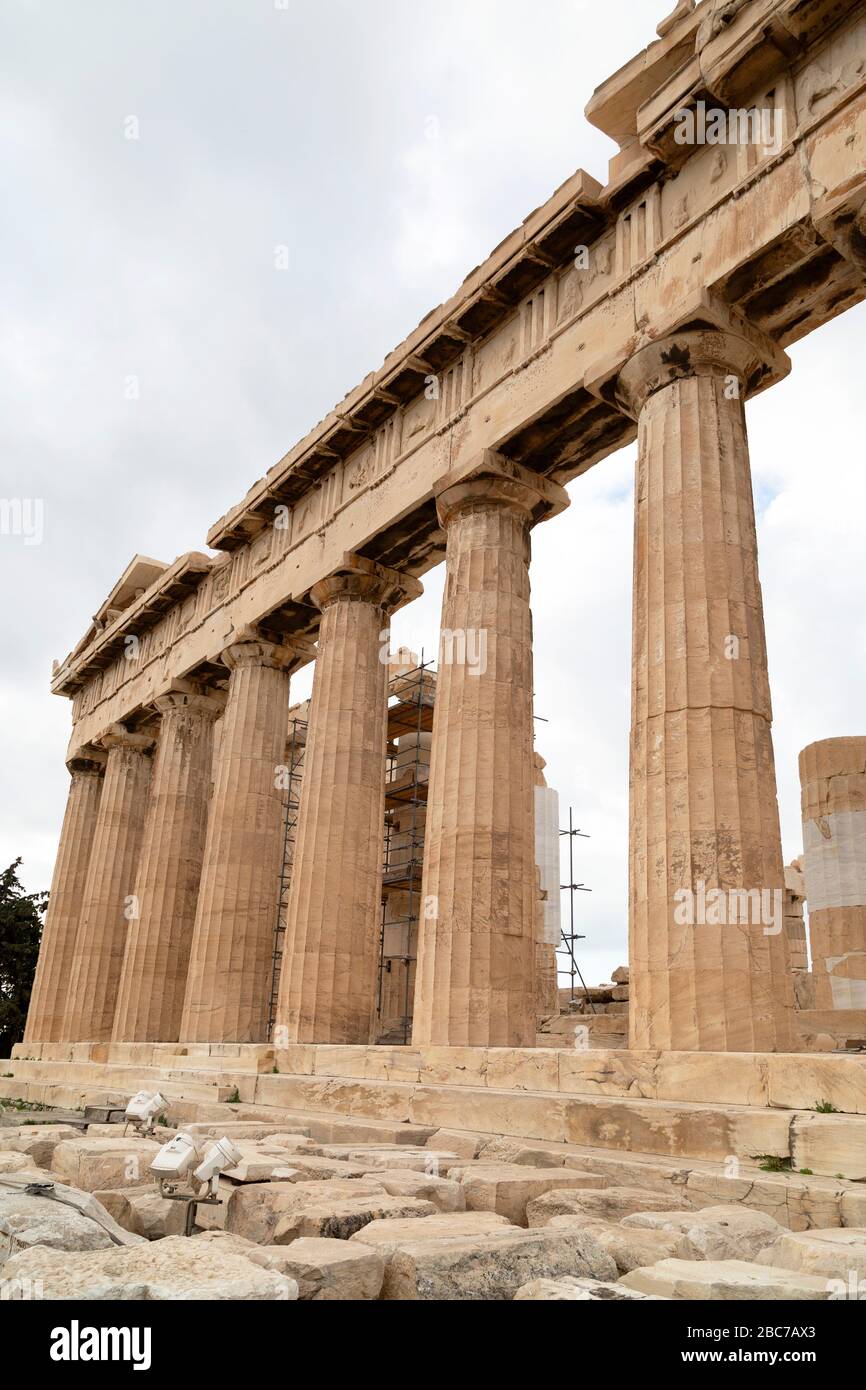 Detail of the Parthenon in Athens, Greece. The temple was constructed on the Athenian Acropolis as part of the Periclean building programme and took 2 Stock Photo