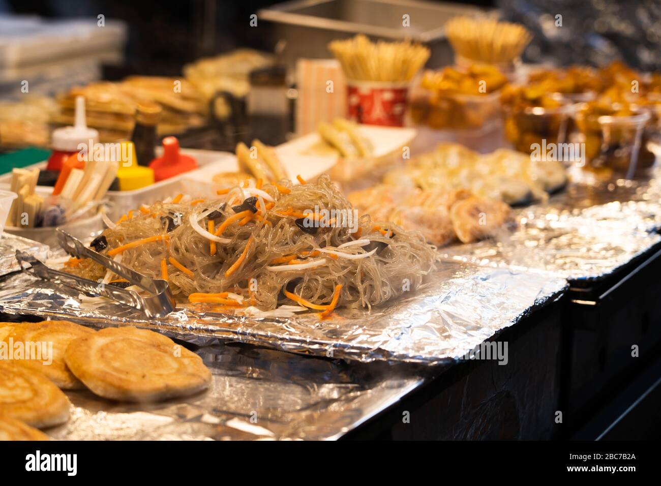 Korean traditional food, Japchae fresh cooked on a pan. Korean stir fry