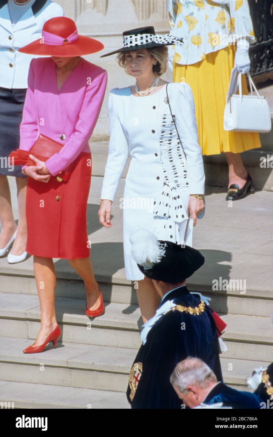 HRH Princess of Wales, Princess Diana and Queen Sofia of Spain depart St George's Chapel. The Spanish Royals were taking part in the Order of the Gart Stock Photo