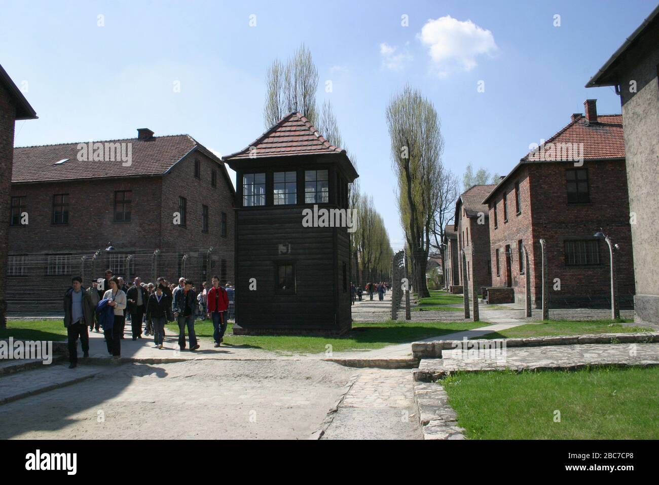 Auschwitz Nazi death camp in Oswiecim. Poland. Guard watchtower at the crossroads. Stock Photo