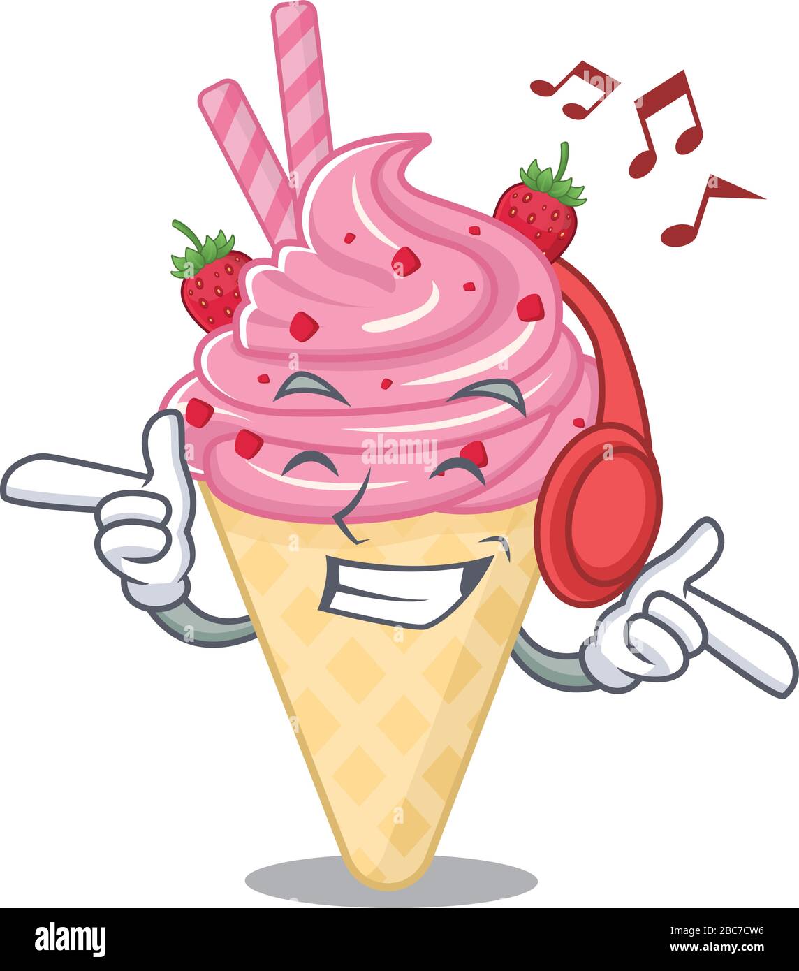Strawberry ice cream Cartoon design concept listening music Stock