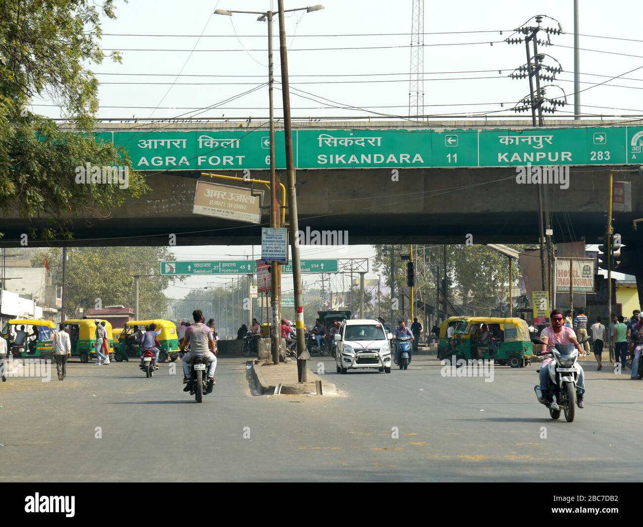 Agra, Uttar Pradesh, India March 2018 Directional signs on the road