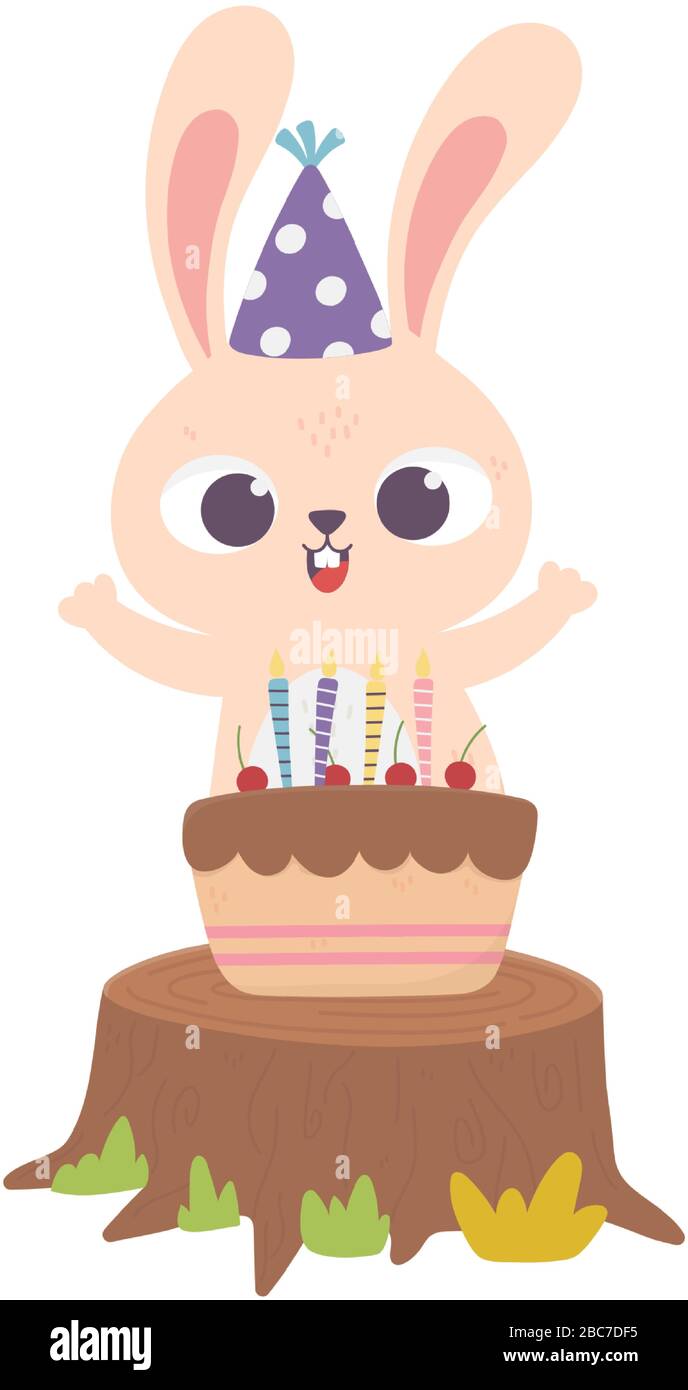 happy day, little rabbit with cake candles celebration sweet vector ...