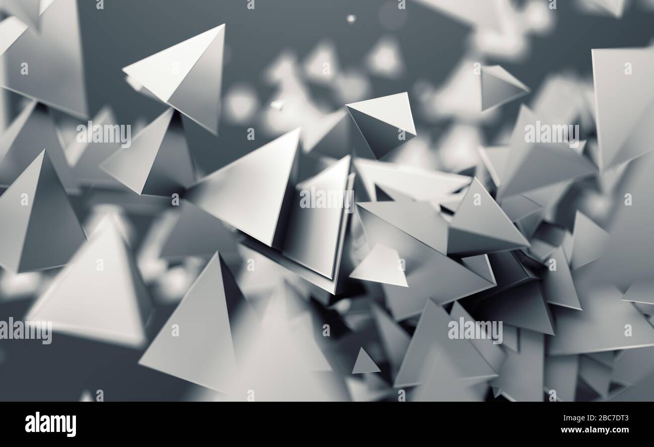 Abstract 3d rendering of chaotic low poly shapes. Flying polygonal pyramids in empty space. Futuristic background with bokeh effect. Poster design. Stock Photo