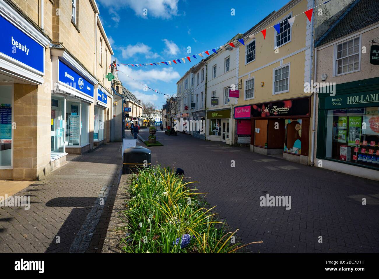 Truro, Cornwall, UK, 02/04/2020. Cornwalls largest shopping town, Truro, deserted during the peak season because of the Corona Virus. Stock Photo