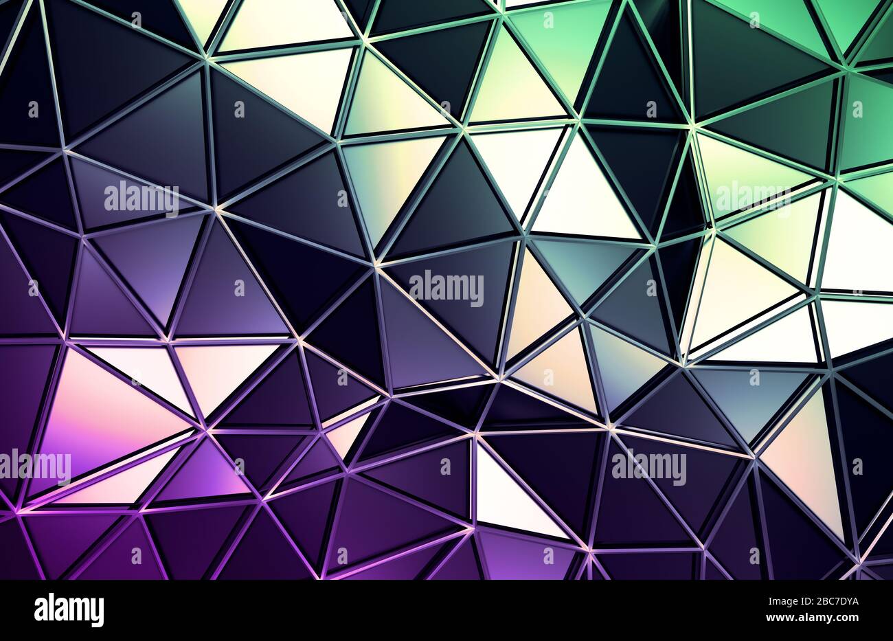 Abstract 3d rendering of triangulated surface. Contemporary background. Futuristic polygonal shape. Distorted low poly backdrop with sharp lines. Stock Photo