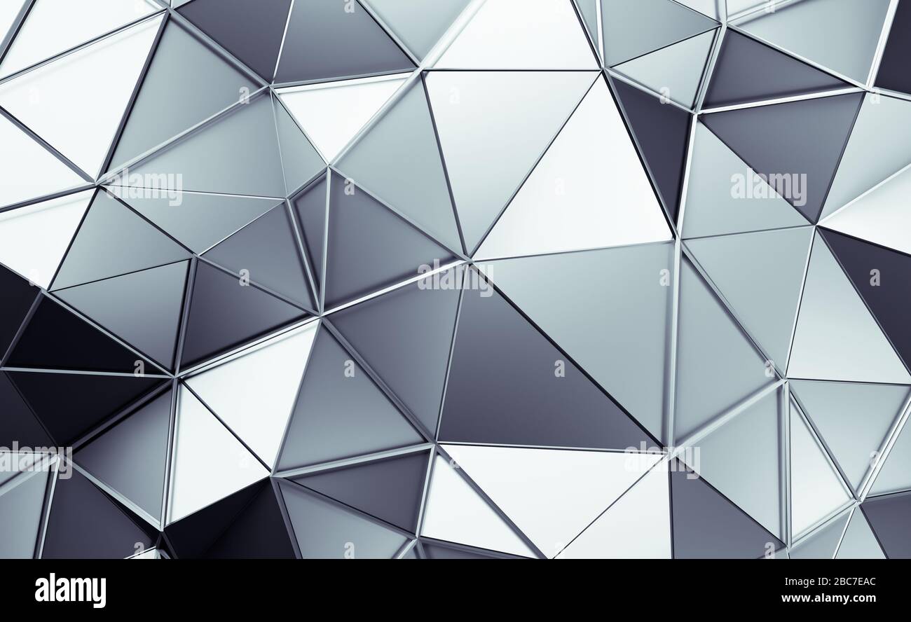 Abstract 3d rendering of triangulated surface. Contemporary background. Futuristic polygonal shape. Distorted low poly backdrop with sharp lines. Stock Photo