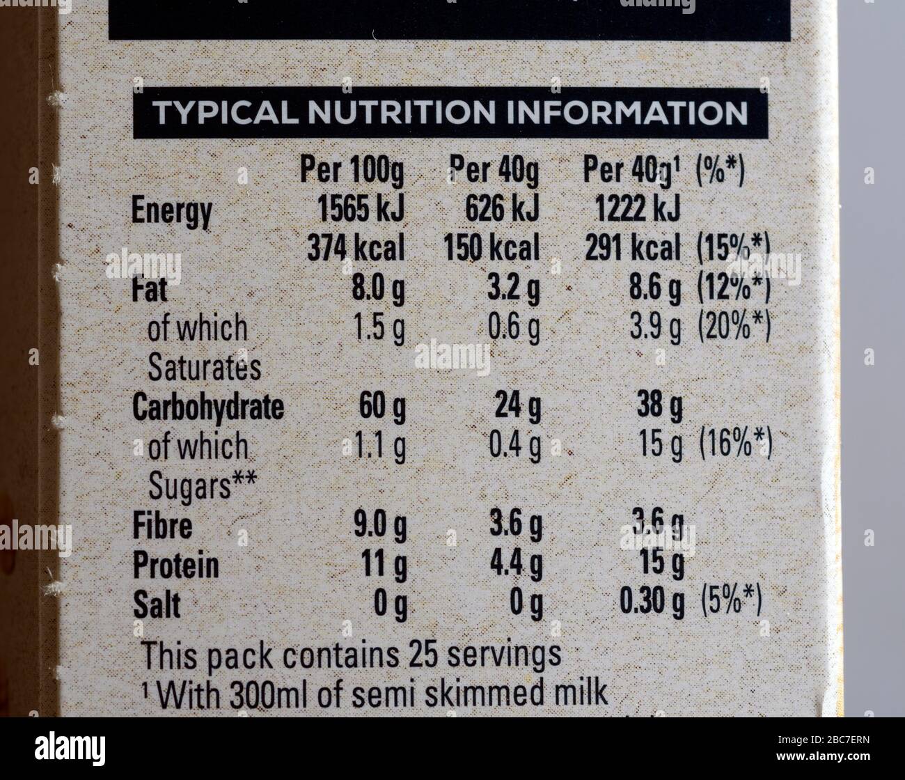 Nutrition information on a packet of Quaker Oats. Stock Photo