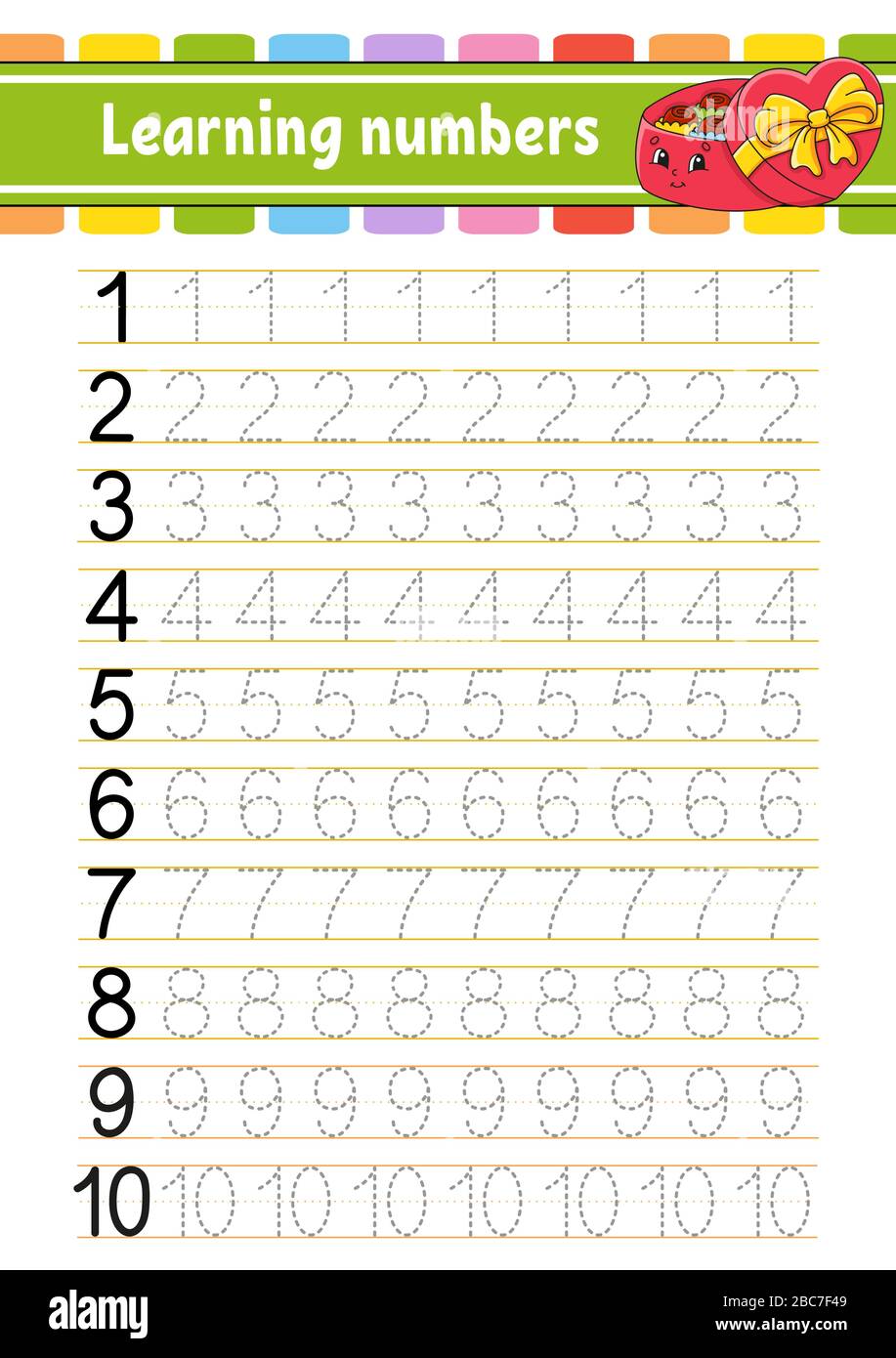 Number 1-10. Trace and write. Handwriting practice. Learning numbers for kids. Education developing worksheet. Activity page. Game for toddlers. Isola Stock Vector