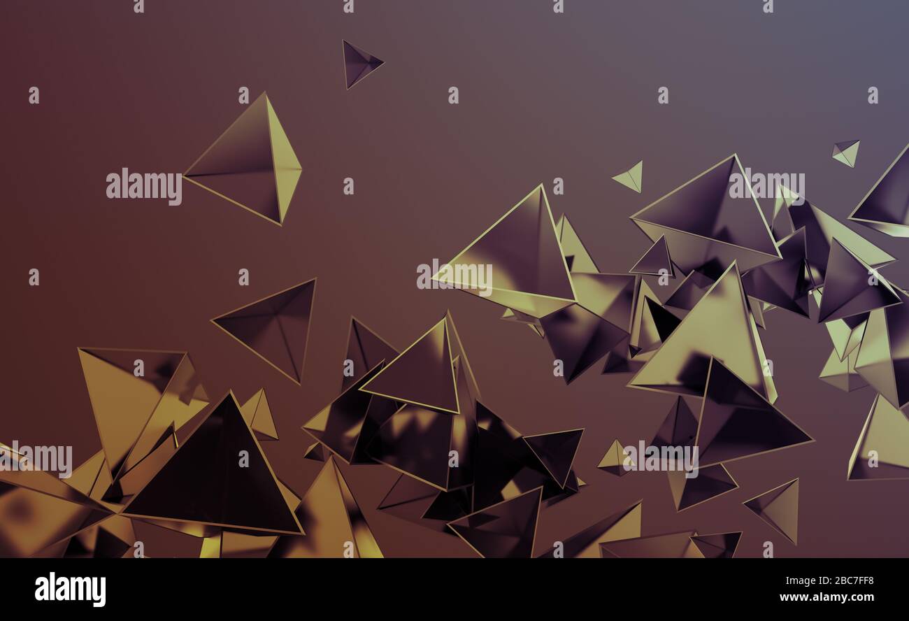 Abstract 3d rendering of chaotic low poly shapes. Flying polygonal pyramids in empty space. Futuristic background. Poster design. Stock Photo
