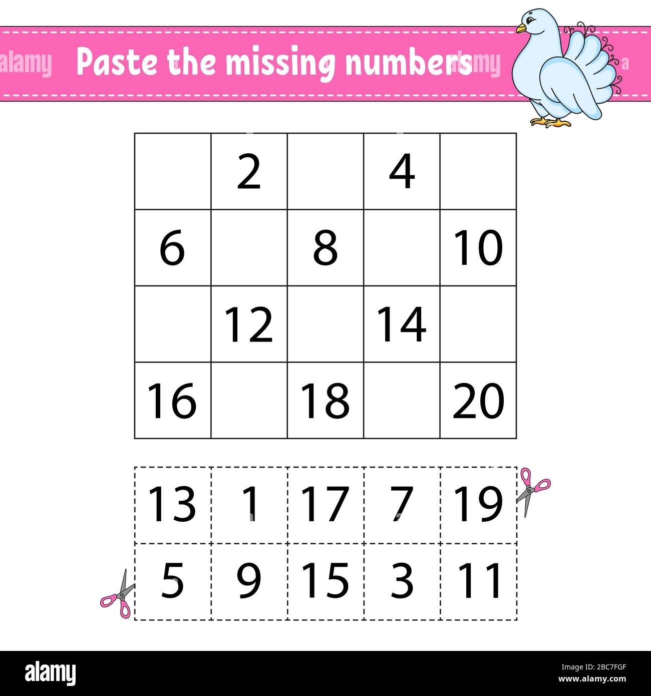 paste the missing numbers 1 20 game for children handwriting practice learning numbers for kids education developing worksheet activity page iso stock vector image art alamy