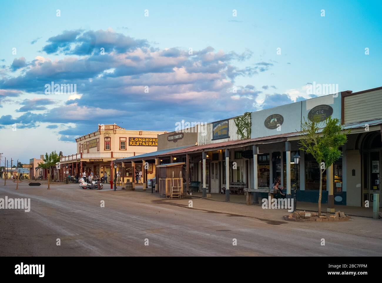 Tombstone, Arizona, United States - July 12 2009: Allen Street at Dusk with Longhorn Restaurant Saloon, a Historic Wild West Location. Stock Photo