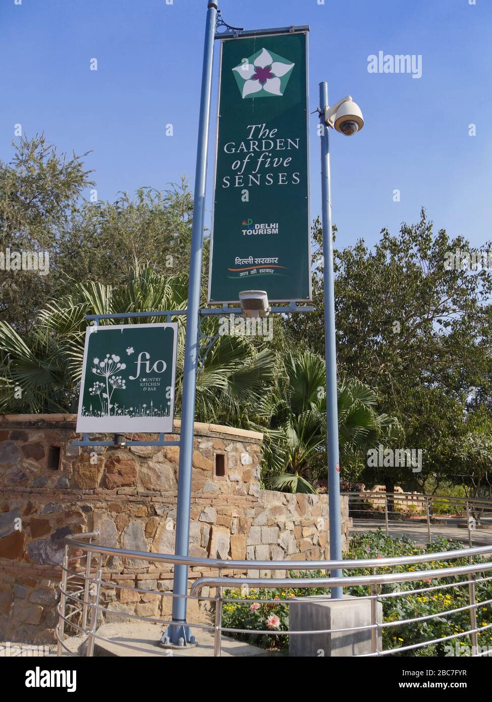 New Delhi, India- March 2018: Sign near the entrance of the Garden of Five Senses, one of the top attractions in New Delhi. Stock Photo