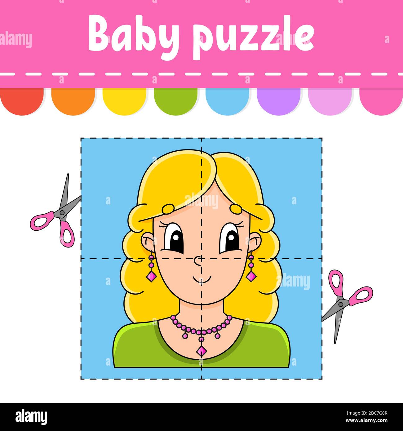 Baby puzzle. Easy level. Flash cards. Cut and play. Color activity worksheet. Game for children. Cartoon character. Stock Vector