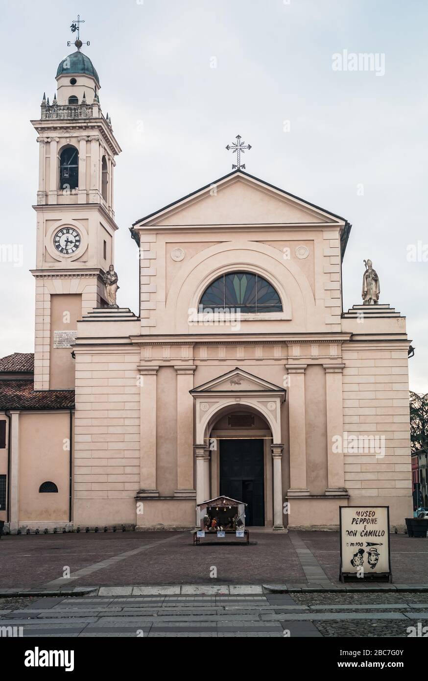 Brescello, Italy - January 1 2014: Church of Santa Maria Nascente on Piazza Matteotti in Brescello, the Parish of the famous Movie Character Don Camil Stock Photo
