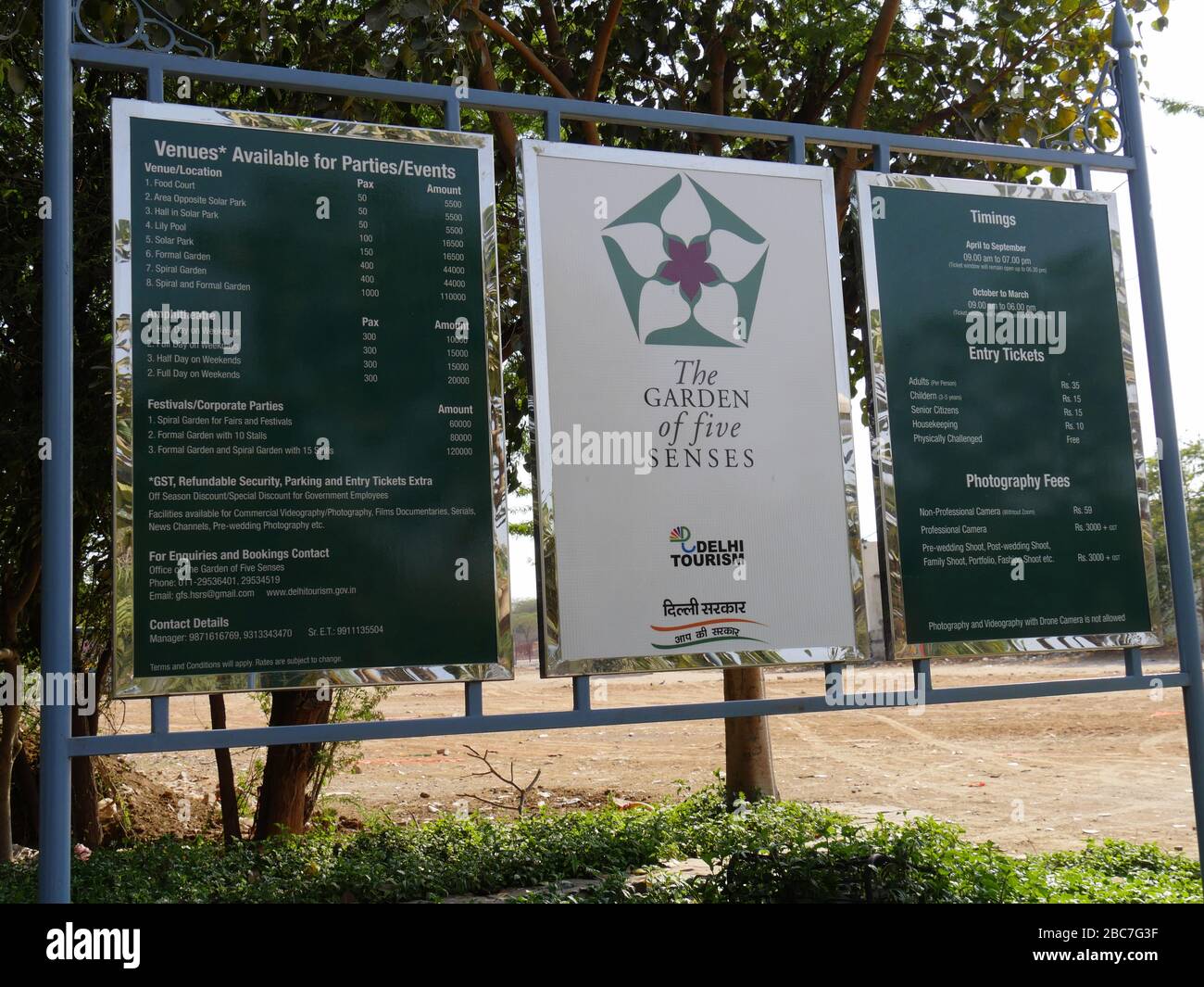 New Delhi, India- March 2018: Billboard with information at the entrance of the Garden of Five Senses, one of the top attractions in New Delhi. Stock Photo
