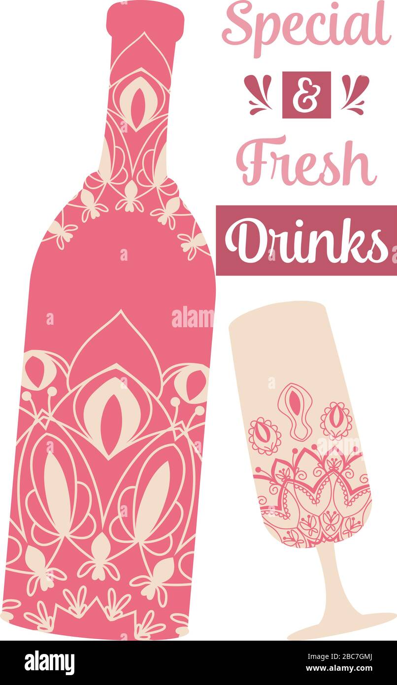 Wine bottle and glass alcohol with antique indian red color design. Vector Stock Vector Image