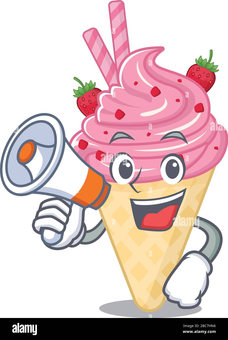 Cartoon character of strawberry ice cream having a megaphone Stock Vector