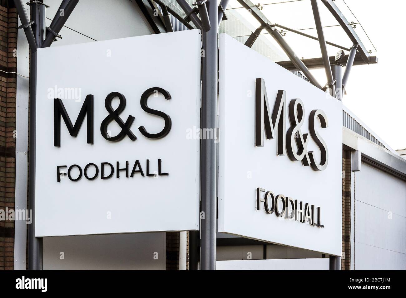 Marks and Spencer Foodhall, M and S food hall, logo outside the store, Irvine, Scotland, UK Stock Photo