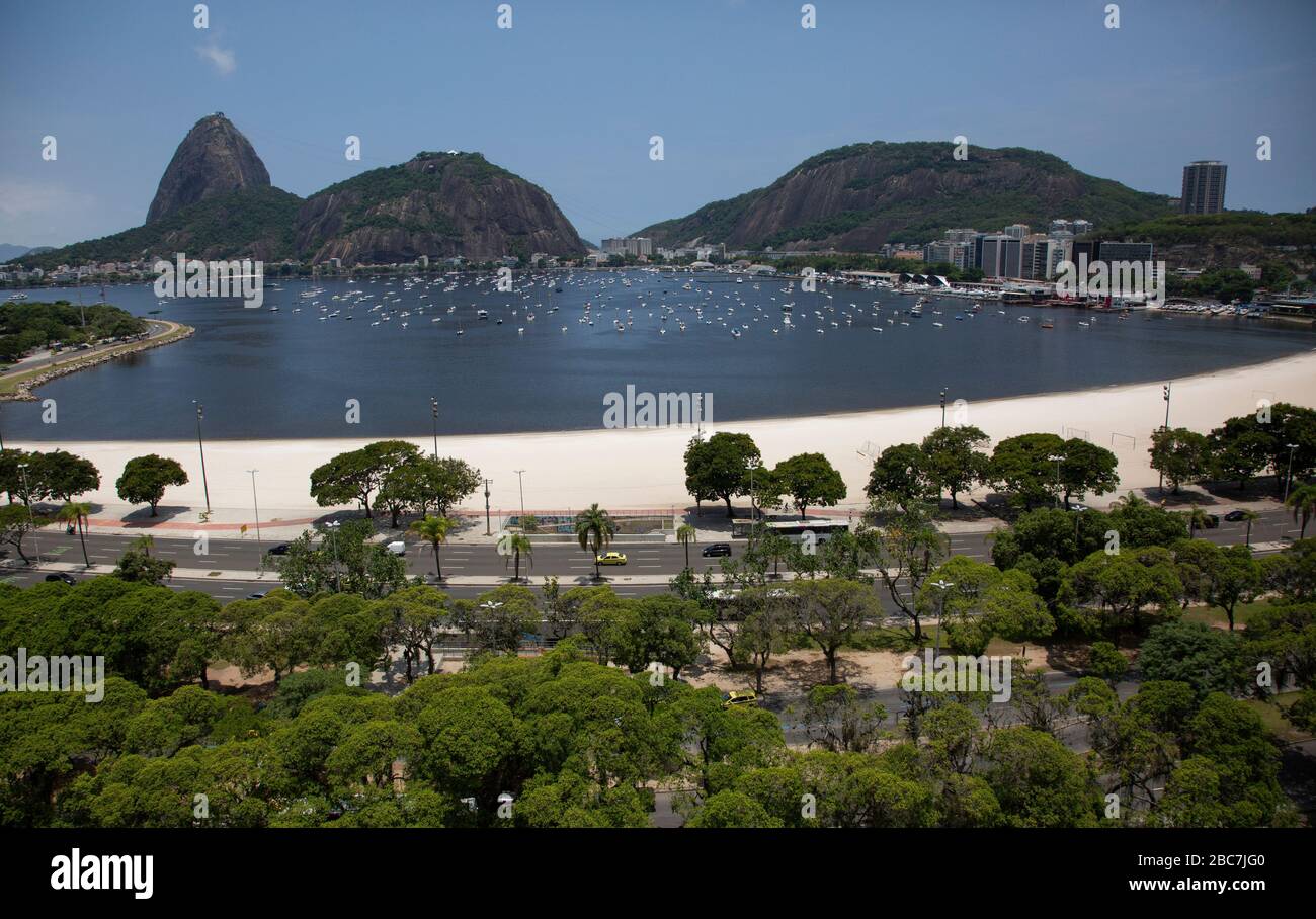 An Aerial view of Botofogo Bay and beach with Sugarloaf Mountain in the distance Stock Photo