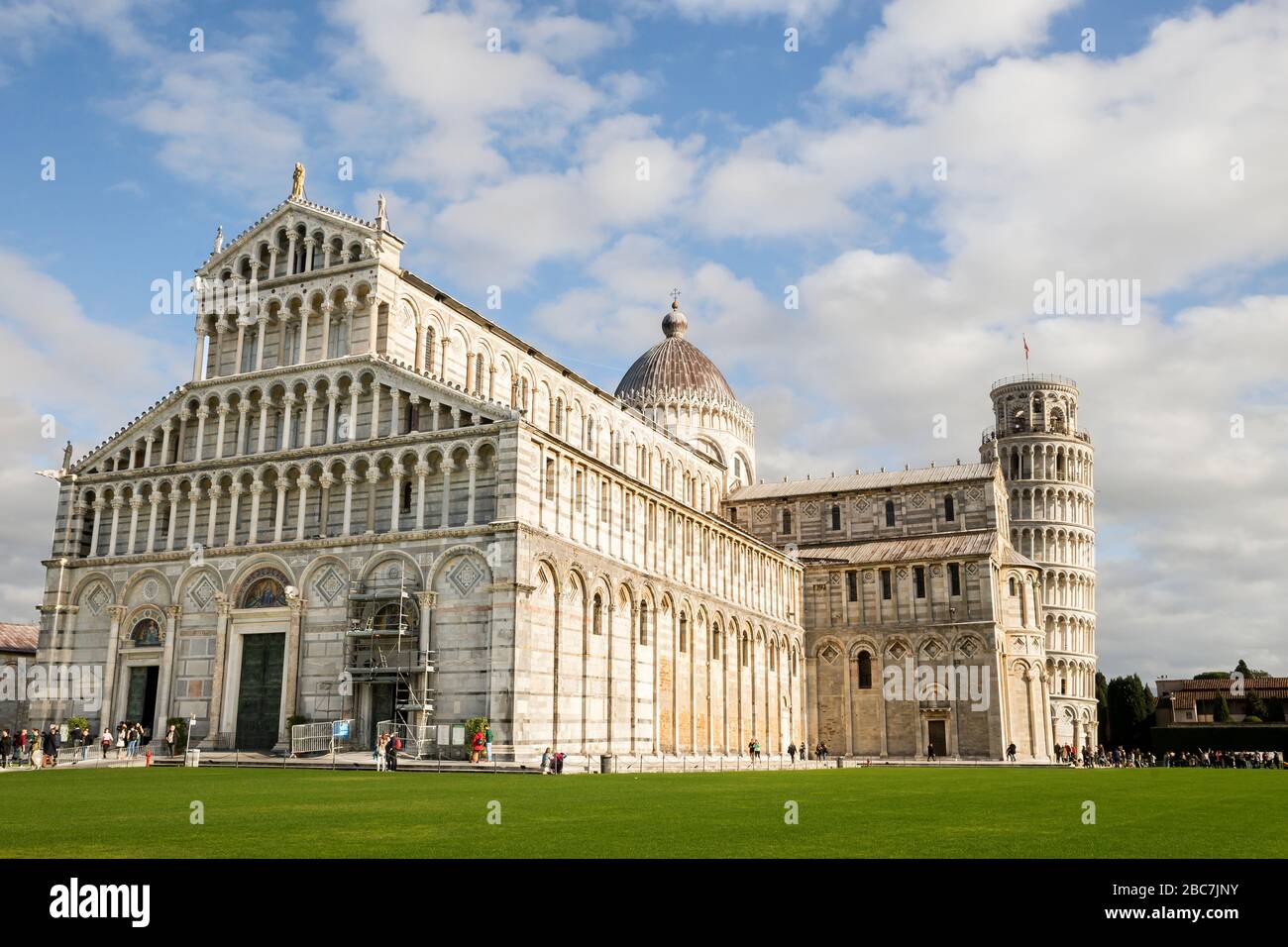 Panoramic View of Cathedral and Leaning Tower of Pisa in Piazza dei Miracoli, Tuscany Region, Italy. Stock Photo