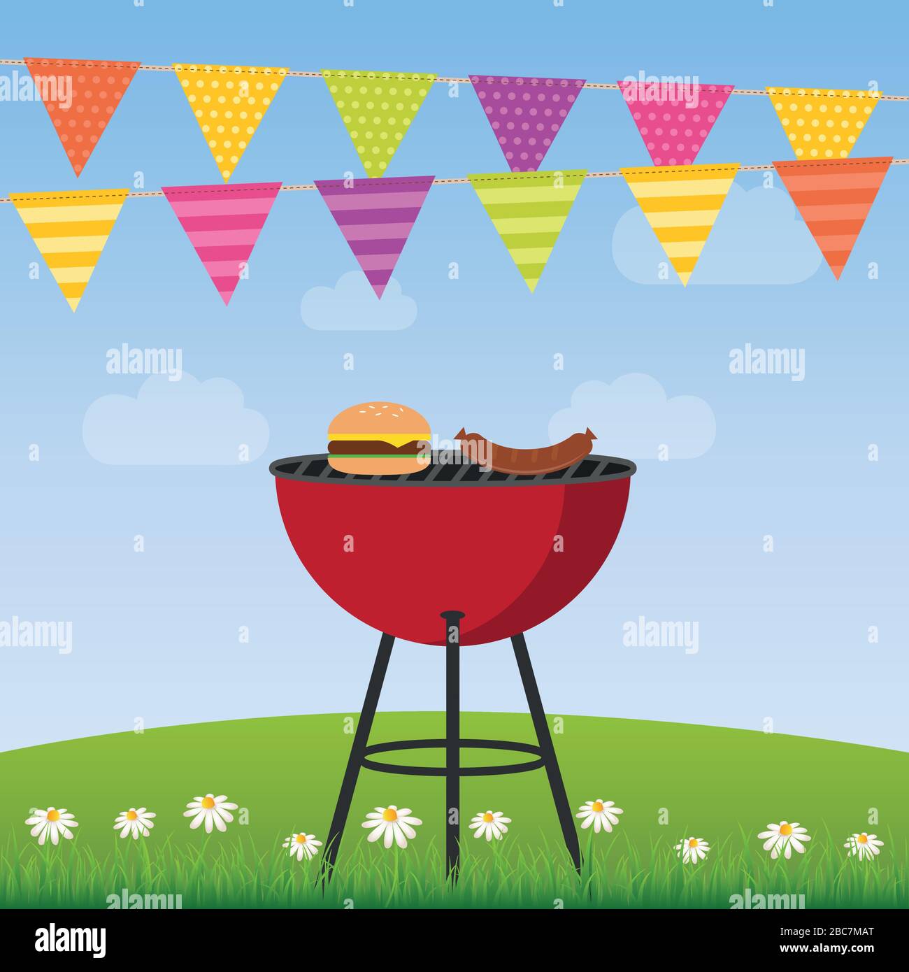 summer time bbq grill with party flags in the sky vector illustration EPS10 Stock Vector