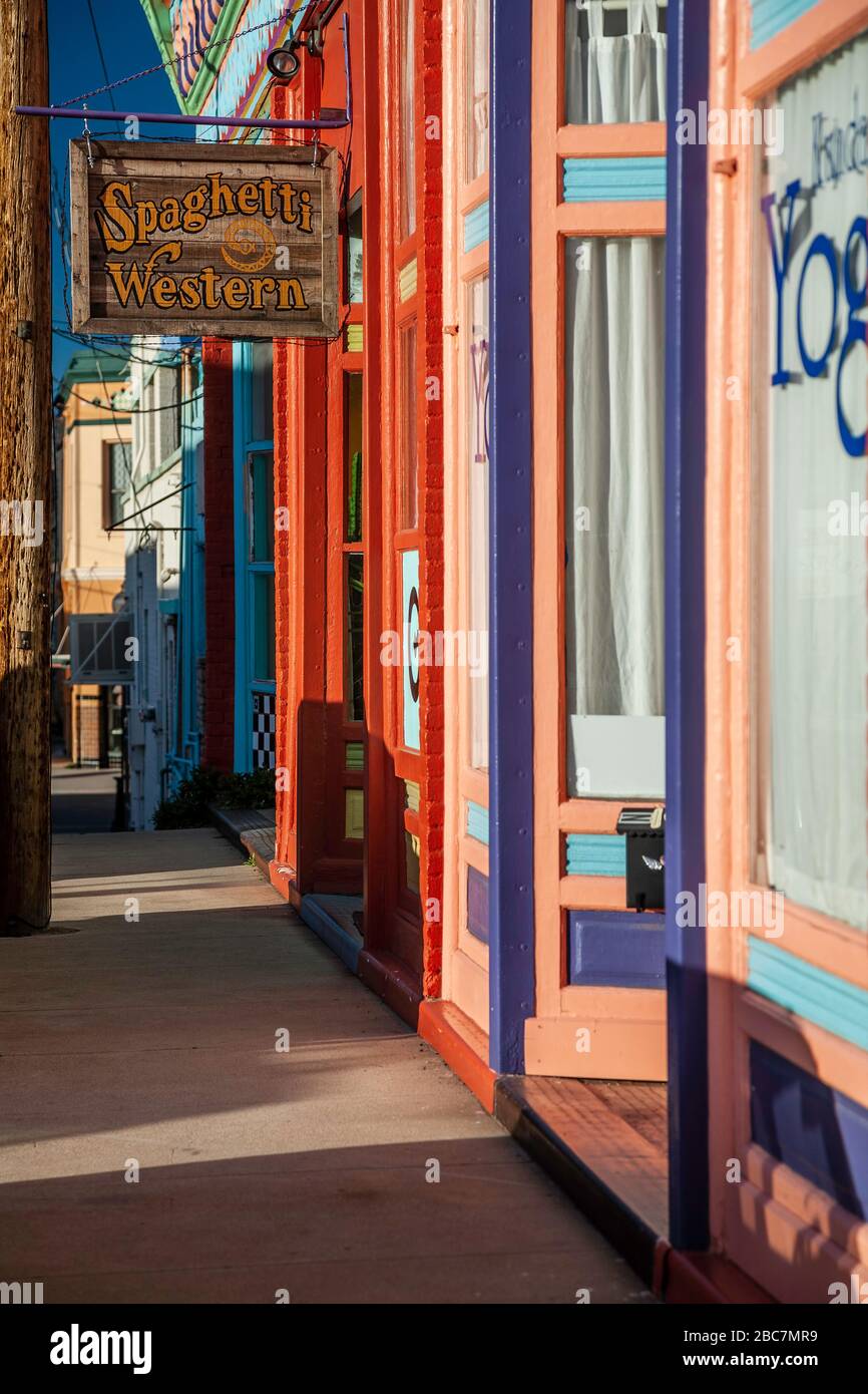 Colorful store fronts and Spaghetti Western Restaurant, Silver City, New Mexico USA Stock Photo