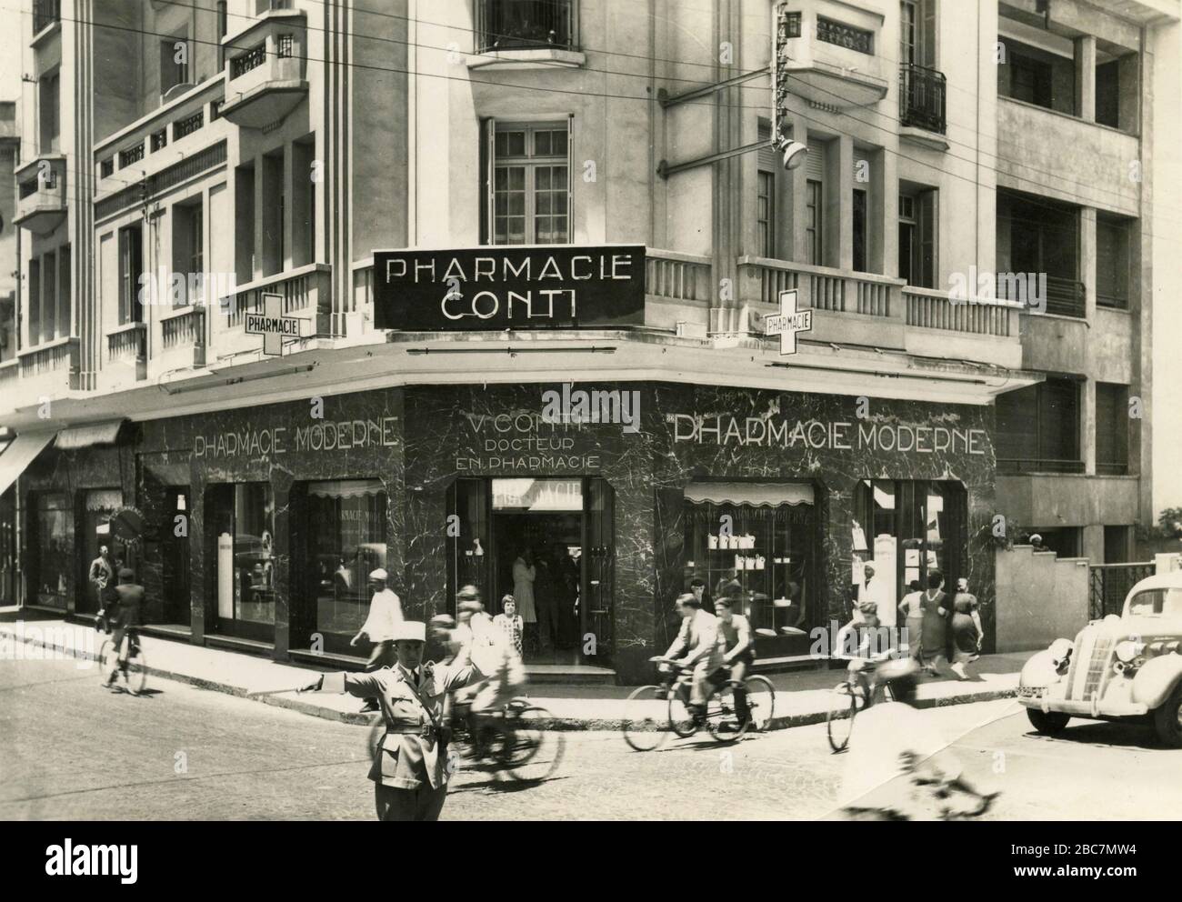 Pharmacie Conti at the corner, Casablanca, Morocco 1930s Stock Photo
