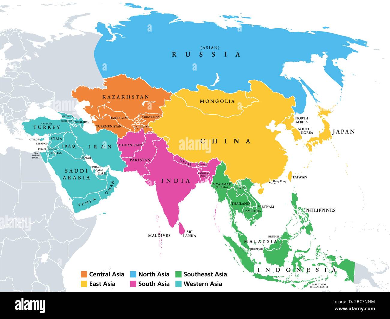 Asia. Regions. Political map with single countries. Colored subregions of the Asian continent. Central, East, North, South, Southeast, Western Asia. Stock Photo
