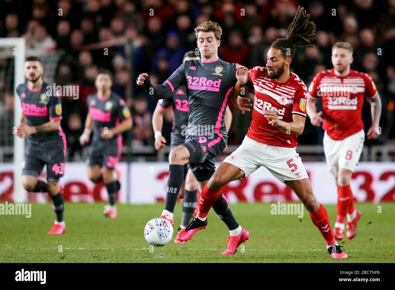 Ryan Shotton of Middlesbrough and Patrick Bamford of Leeds United in action - Middlesbrough v Leeds United, Sky Bet Championship, Riverside Stadium, Middlesbrough, UK - 26th February 2020  Editorial Use Only - DataCo restrictions apply Stock Photo