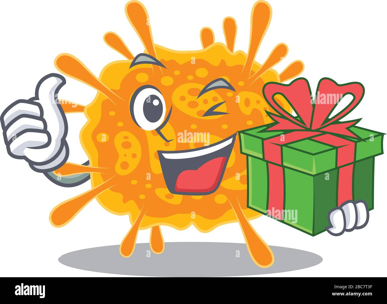 Smiling nobecovirus cartoon character having a green gift box Stock Vector