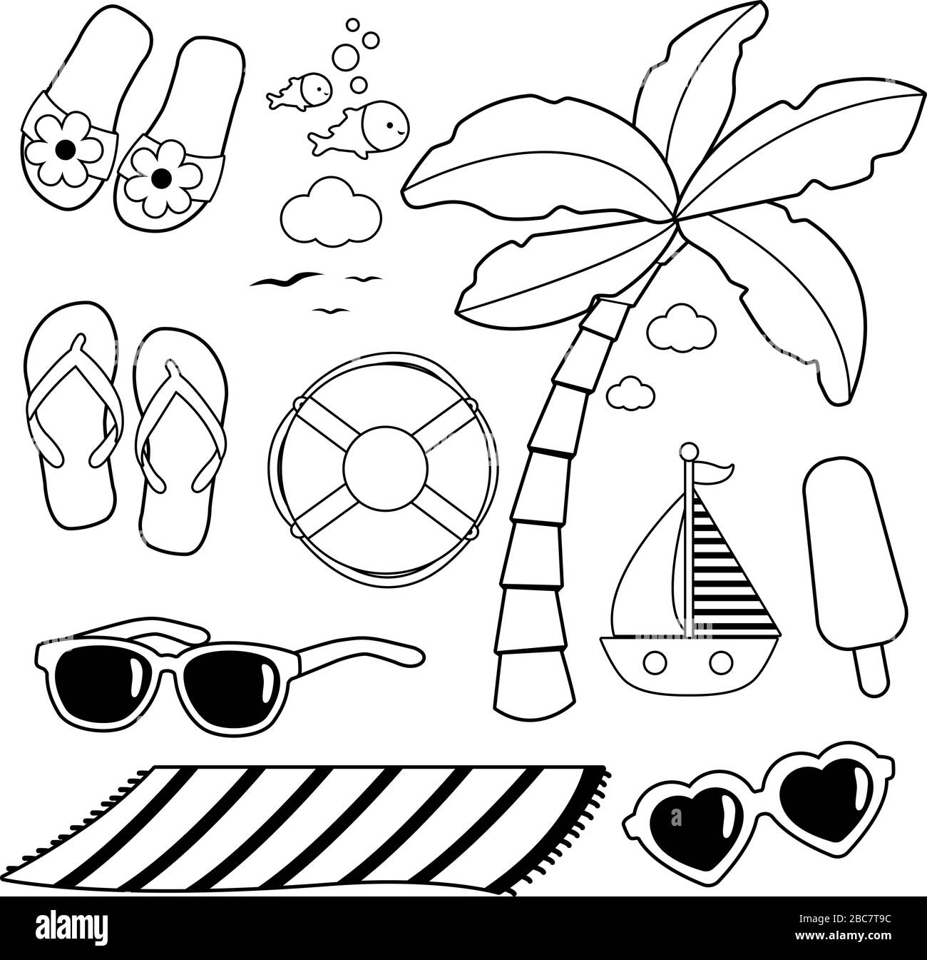 Beach summer vacation design elements. Vector black and white coloring ...