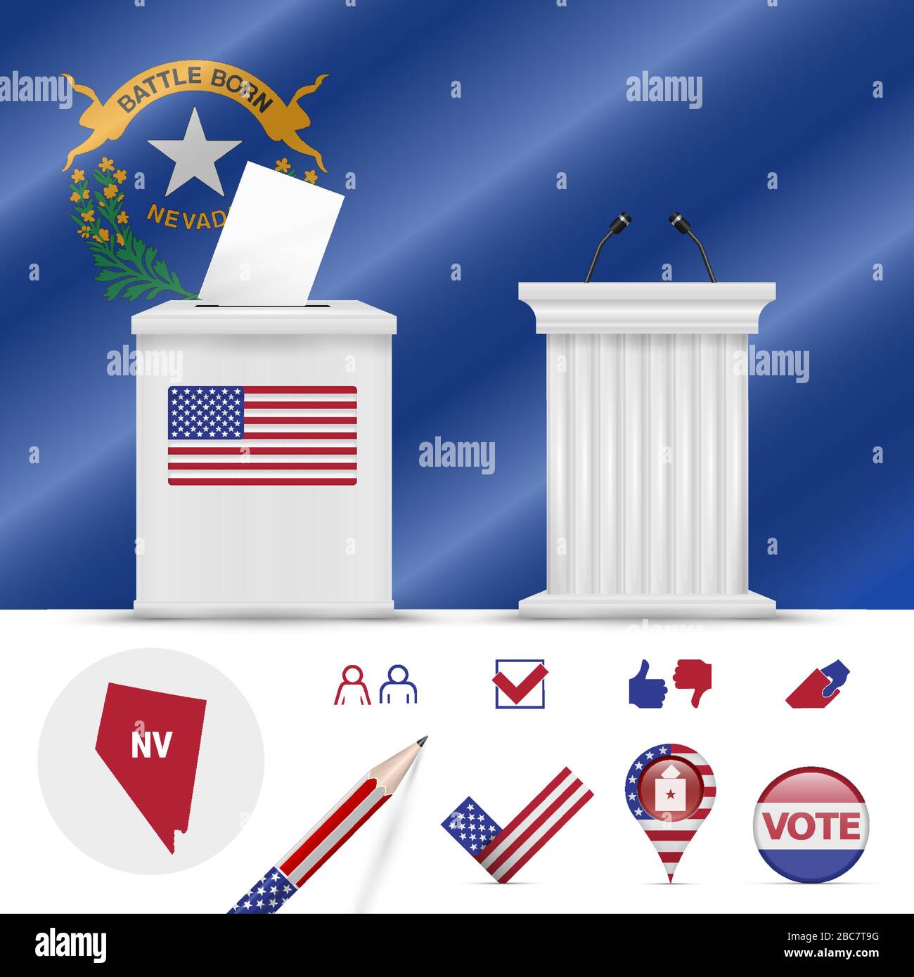 Presidential elections in Nevada. Vector waving flag, realistic ballot