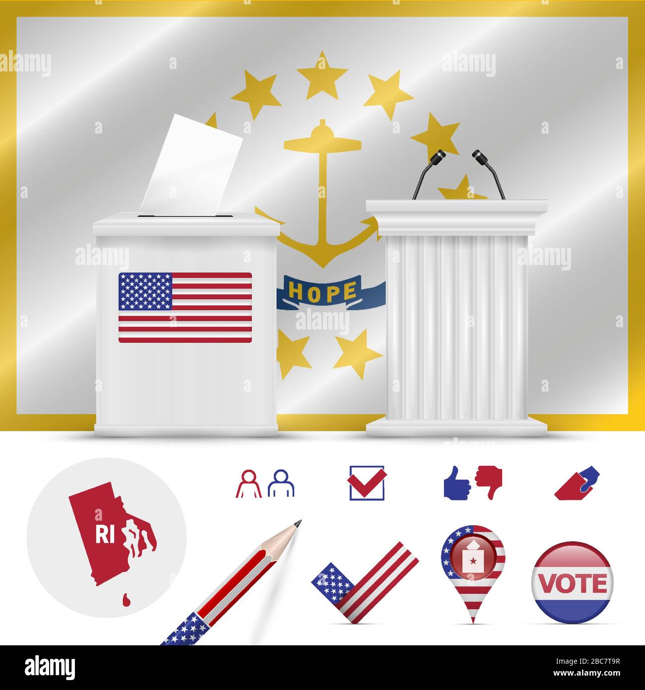 Presidential elections in Rhode Island. Vector waving flag, realistic