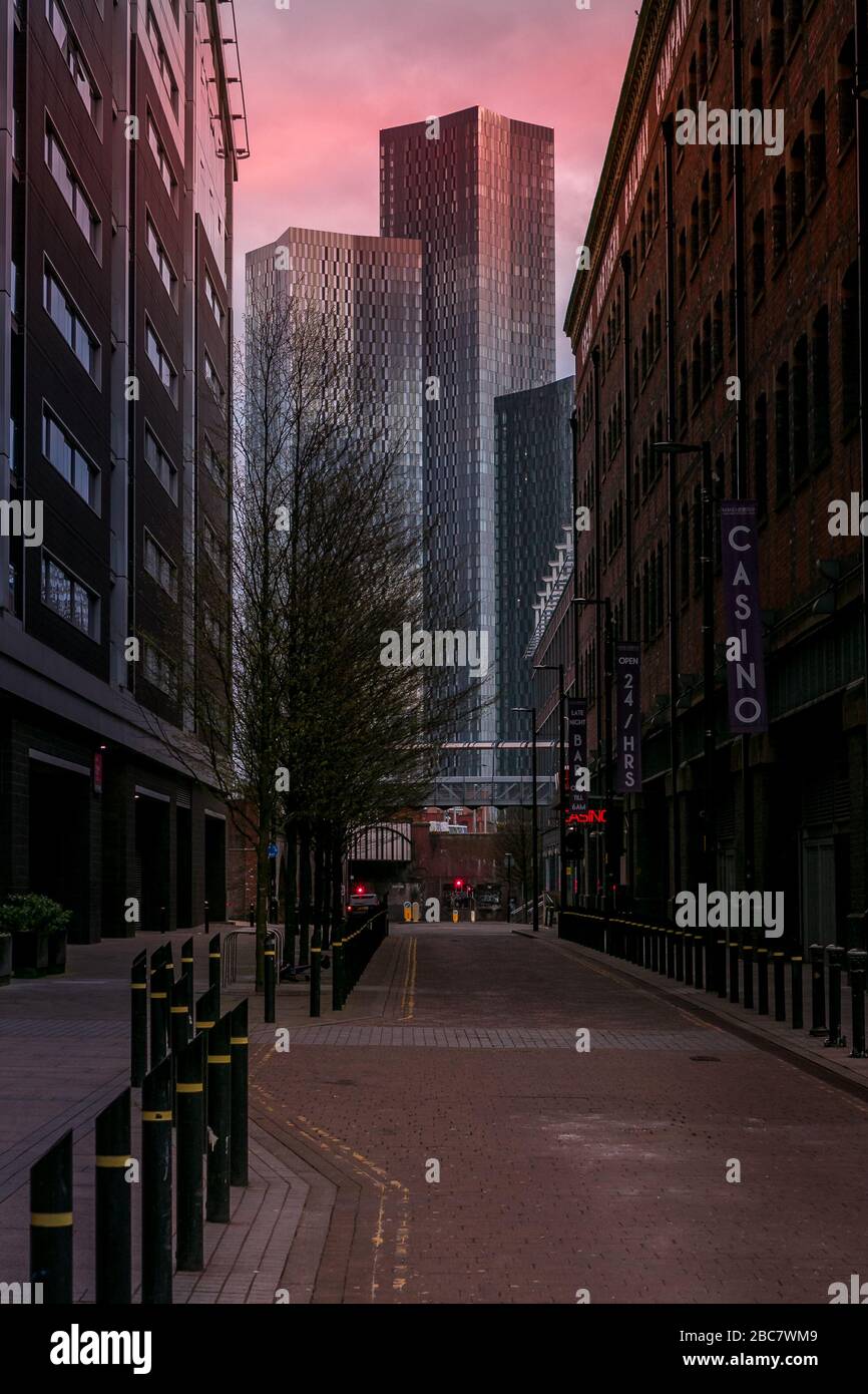 Deansgate Square, Manchester, United Kingdom. Empty streets, closed business's during the coronavirus outbreak, April 2020. Stock Photo
