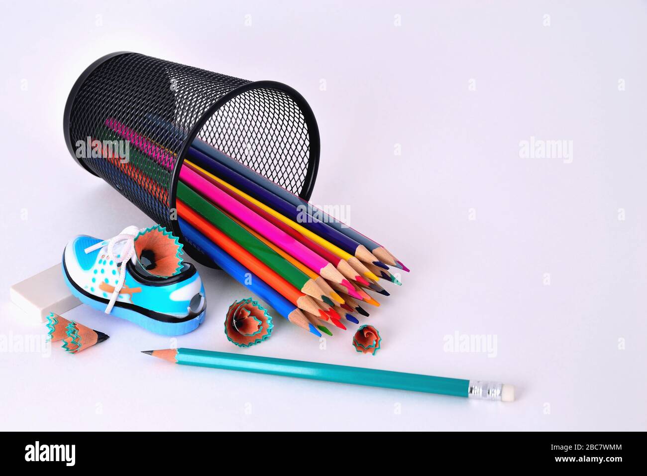 High Angle View Of Colored Pencils With Eraser And Sharpener On  Tablesiciliaitaly High-Res Stock Photo - Getty Images
