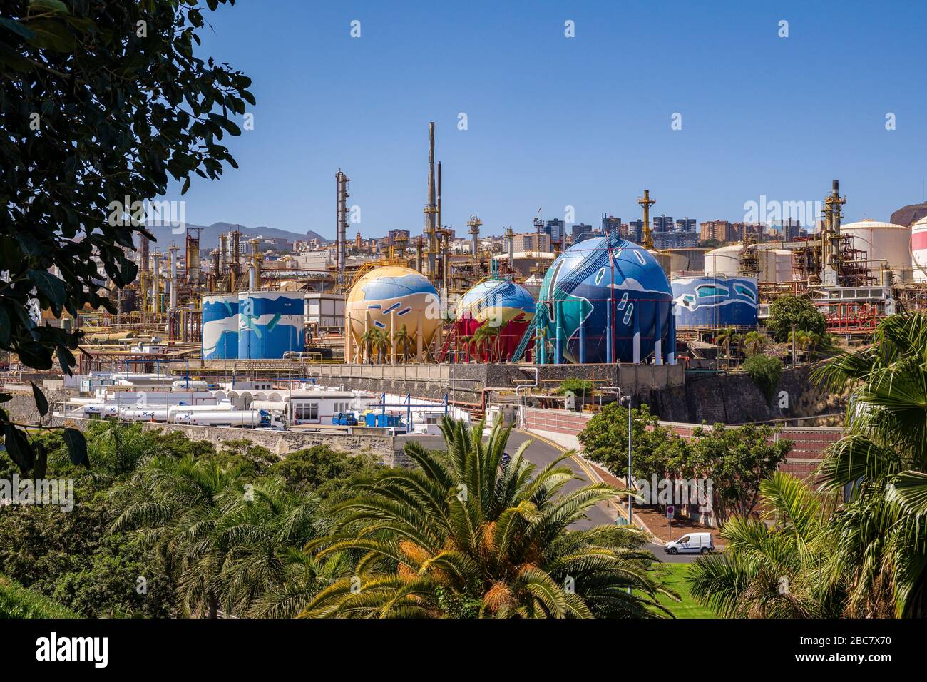 Colorful buildings and structures of the Oil refinery Refinería de Santa Cruz de Tenerife Stock Photo